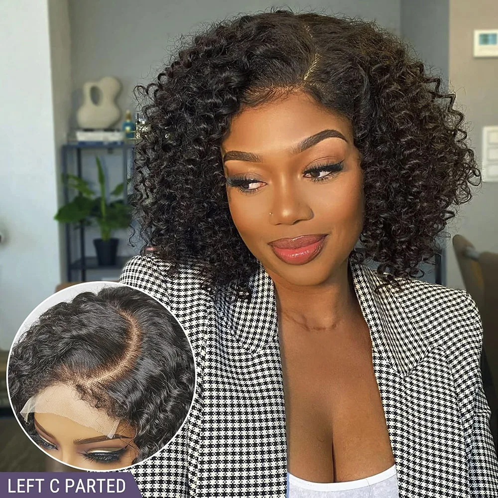 Perruque Bob Lace Front Wig naturelle péruvienne, cheveux courts, Deep Wave, 13x4, pre-plucked, partie en T, 180%, pour femmes