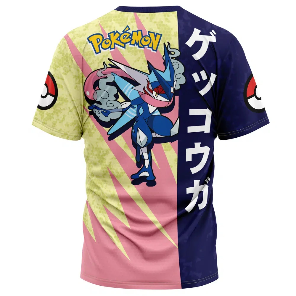 Men's Two Tone Split Full Sublimated Anime Graphic T-Shirt, Pokemon Greninja Print Pokeball On Sleeves Vertical Japanese Kanji S