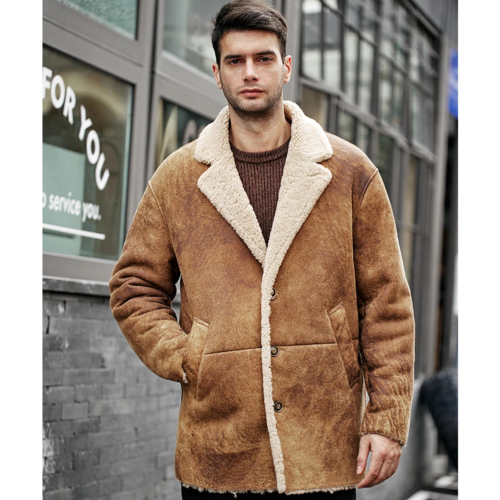 Denny&Dora Mens Shearling Jacket Mid-Length Sheepskin Coat Suit Collar Vintage Blazer Brown Leather Jacket