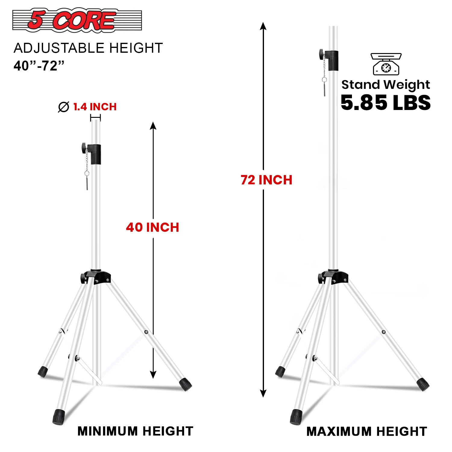 5 Core Speaker Stand Tripod Tall Adjustable 72 Inch DJ Pole Mount Studio Monitor Stands SS HD 1 PK WH BAG