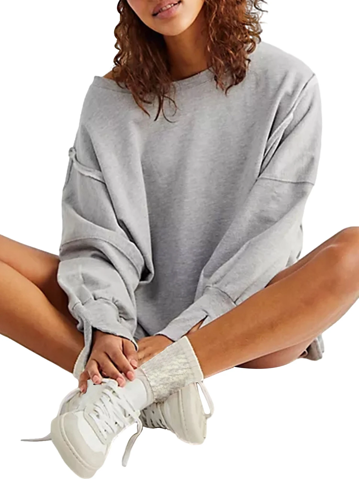 Women’s Slouchy Oversized Sweatshirts Fall Winter Ladies Long Sleeve Side Slit Crew Neck Drop Shoulder Fall Pullover Tops