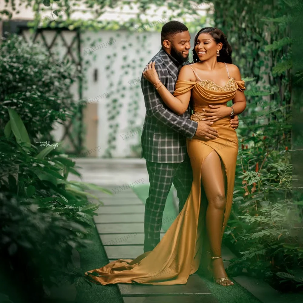 Gold Mermaid Evening Dresses Spaghetti Split Pleats Rhinestone Sequin Beading Long Aso Ebi Women Wedding Party Dress Customized