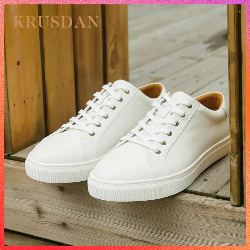 

Brand KRUSDAN Leather Handmade Men White Shoes Delicate Stitching Flat Sneakers Solid Color Comfortable Footwear