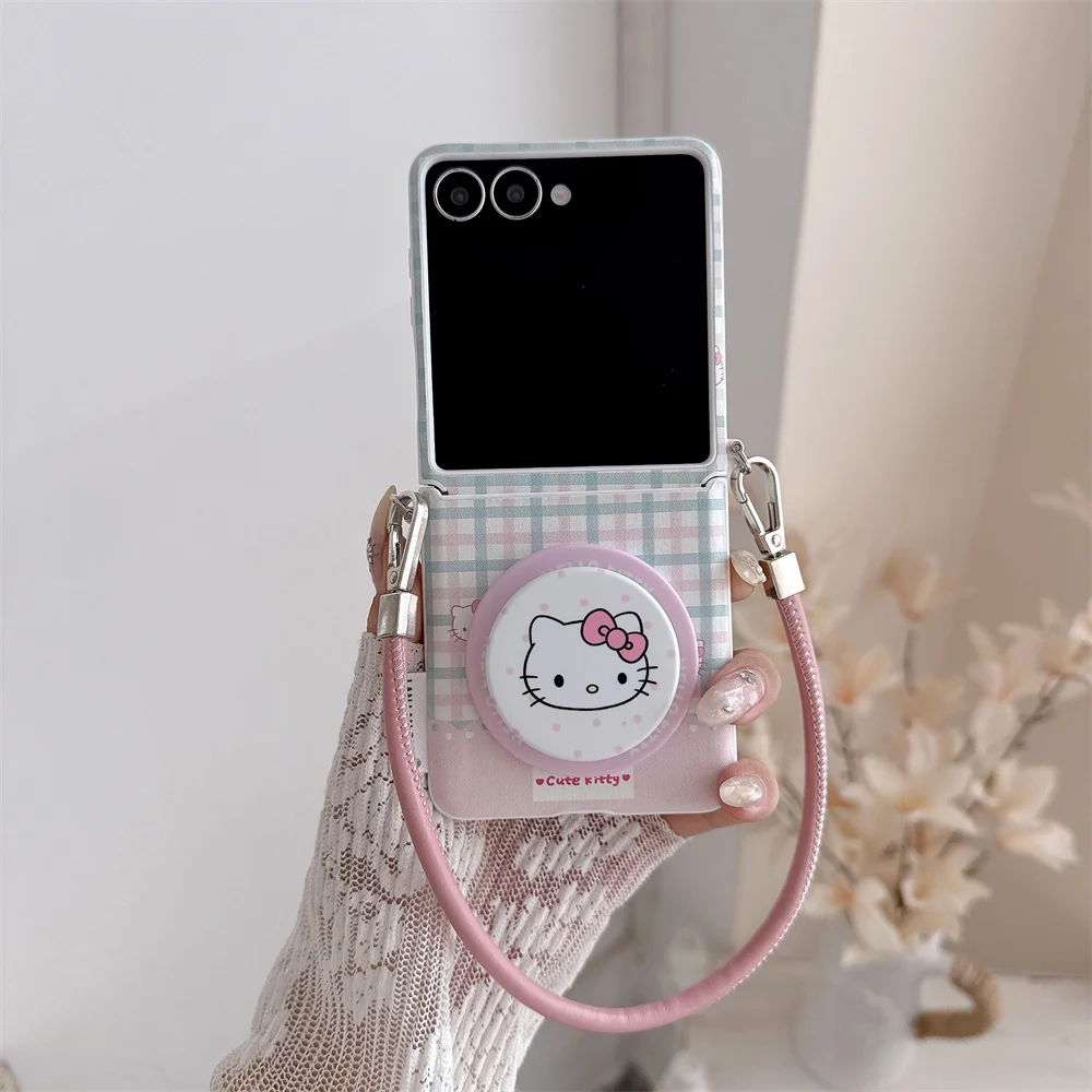Koreańskie etui na telefon z motywem kreskówkowego kota w kratę, z magnetycznym zamknięciem, do modeli Samsung Galaxy Z Flip6, 7 FE, Flip 8, 7, 6, Flip 5, 6, Flip7, 6, z podstawką i łańcuszkiem.