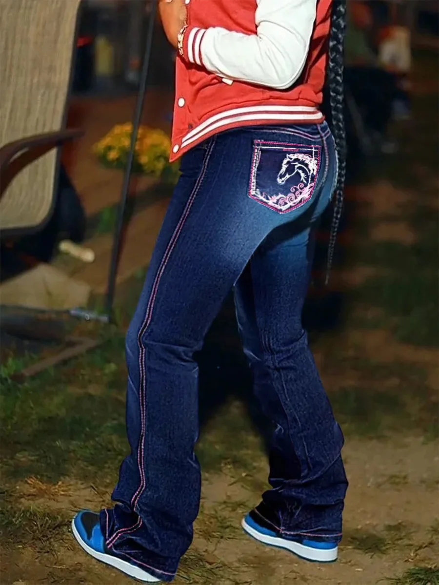 

【HME】Women's High-Stretch Mid-Rise Flared Jeans - Western-Inspired Embroidery, Durable Denim, Machine Washable All-Season