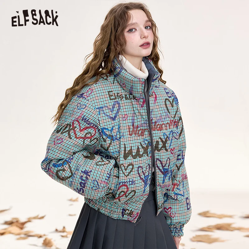 ELFSACK 2024 Winter New Arrivals Reversible plaid short down jacket for women Short warm thick coat with stand collar and zipper