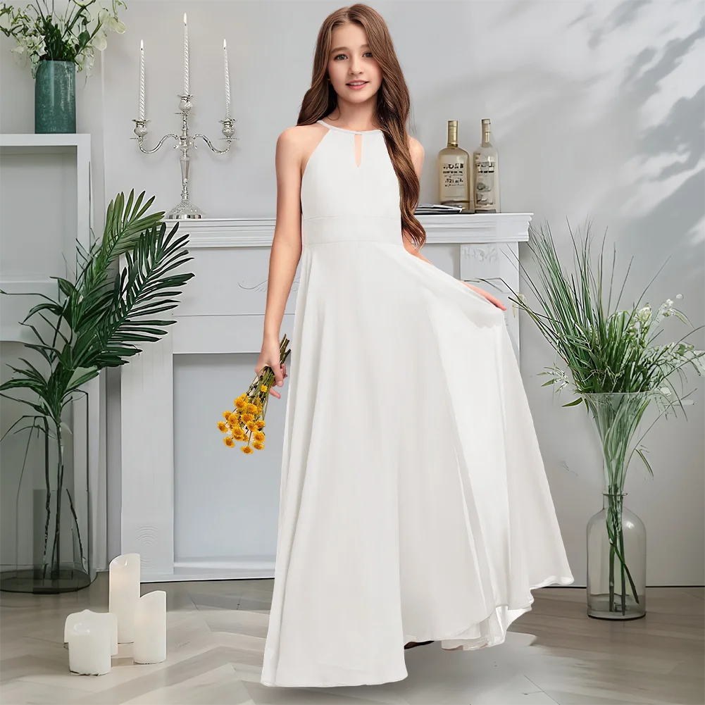 Платье подружки невесты с лямкой на шее, платье русалки с цветочным узором для девочек, шифон длиной до пола, с каскадным бантом, складки, свадебная вечеринка