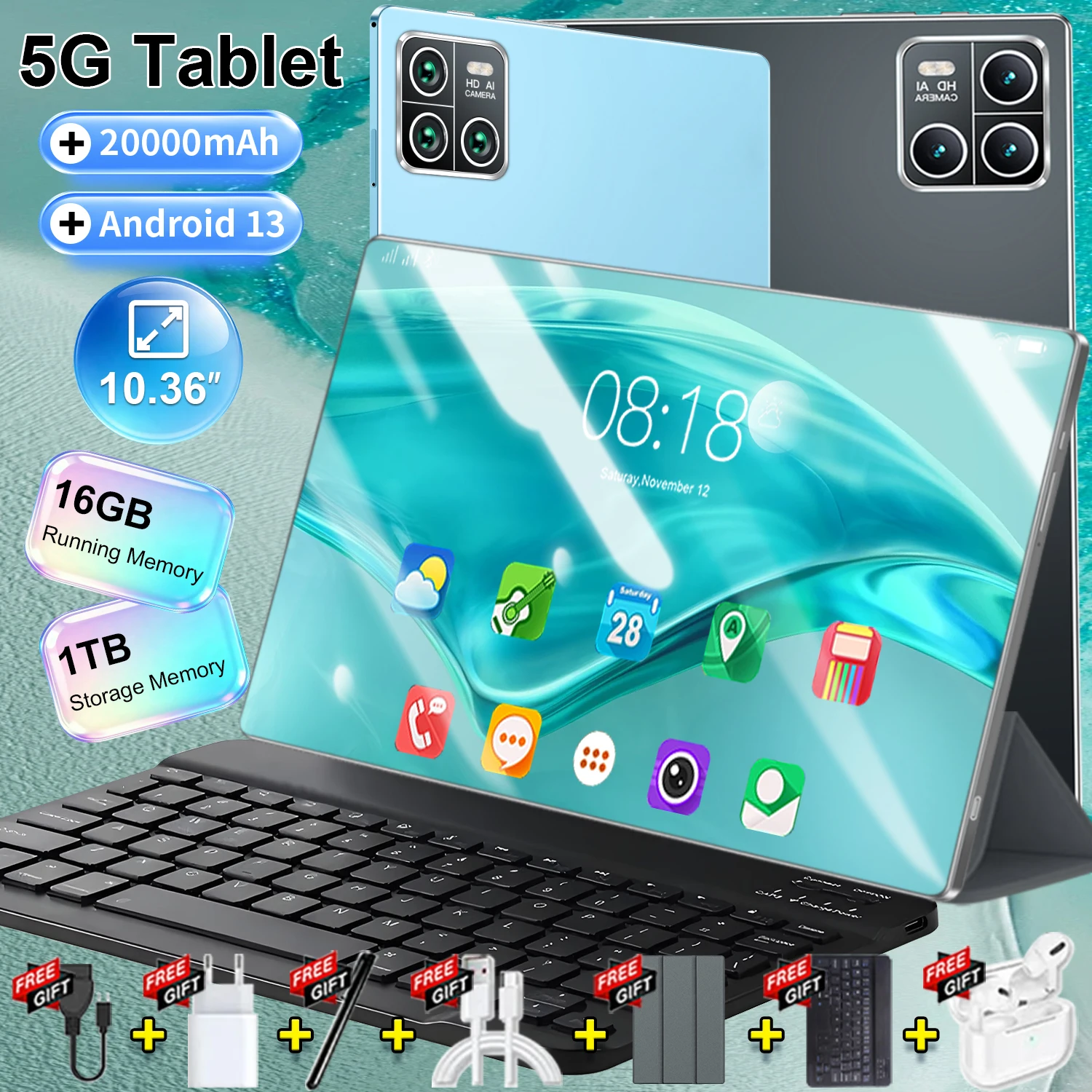 Tablette portable haut de gamme 10,36", Android 13, puce 14 cœurs, 16Go RAM + 1To ROM, batterie 20000mAh, réseau 5G double SIM, WiFi stable, double caméra 16MP+32MP, design ergonomique