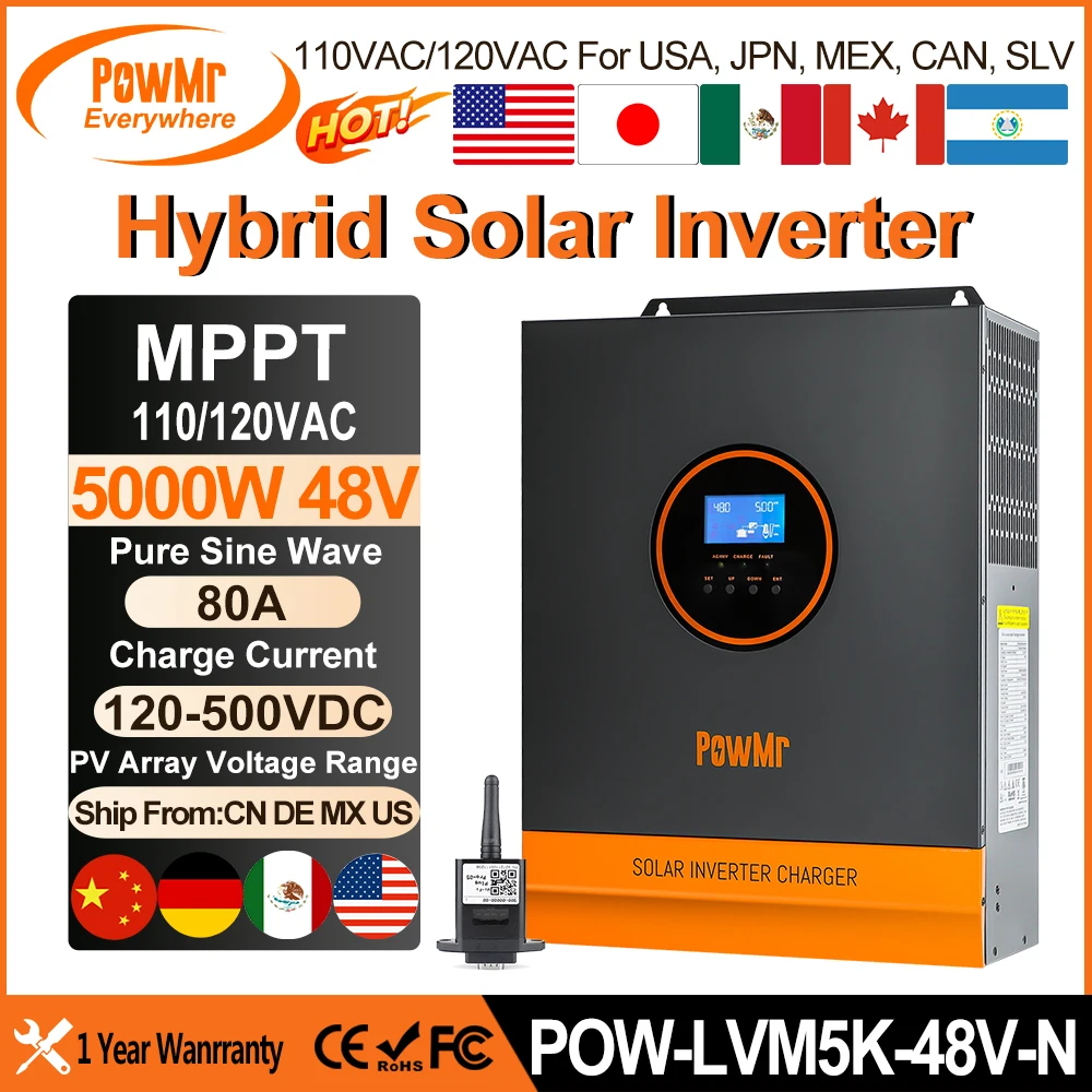 PowMr 5KW 110V Hybrid Solar Inverter Pure Sine Wave for 48V Lithium Battery Build in MPPT 80A Controller Solar Panel 120-500VDC