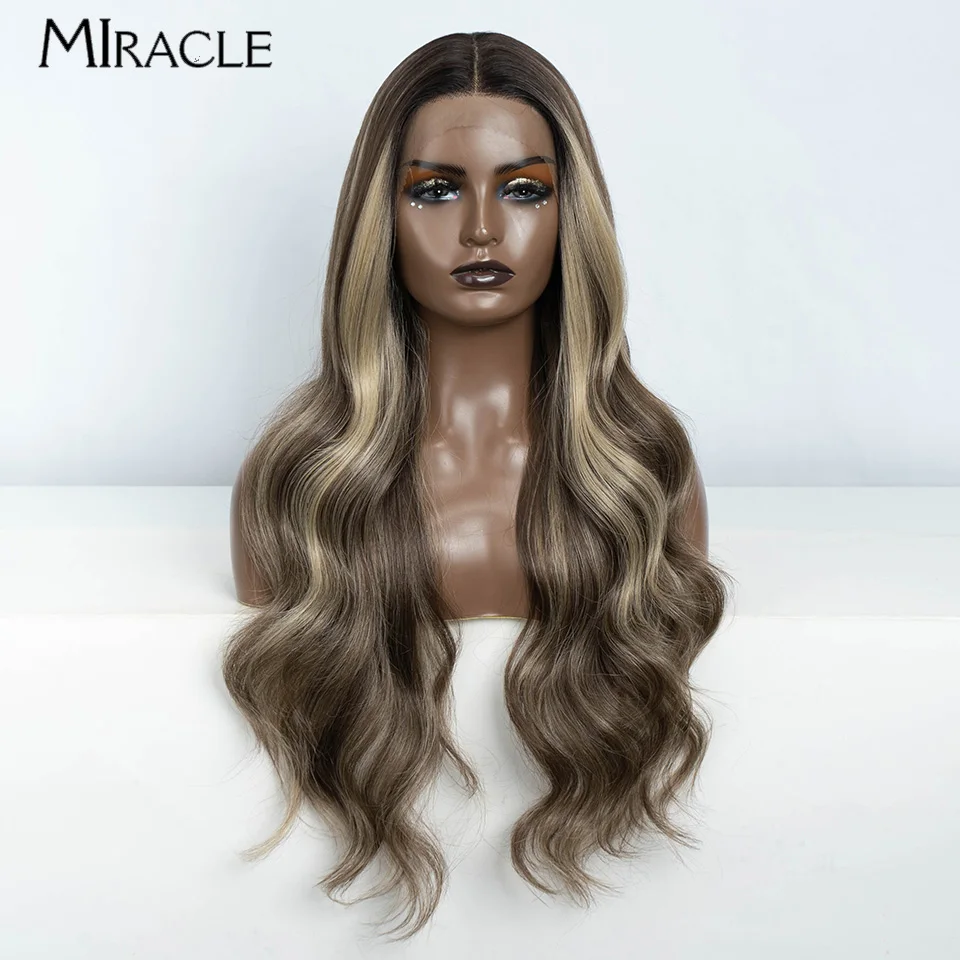 MIRACLE Wig renda depan 28 inci wanita, Wig renda bergelombang untuk Cosplay gelombang tubuh pakaian harian renda Frontal