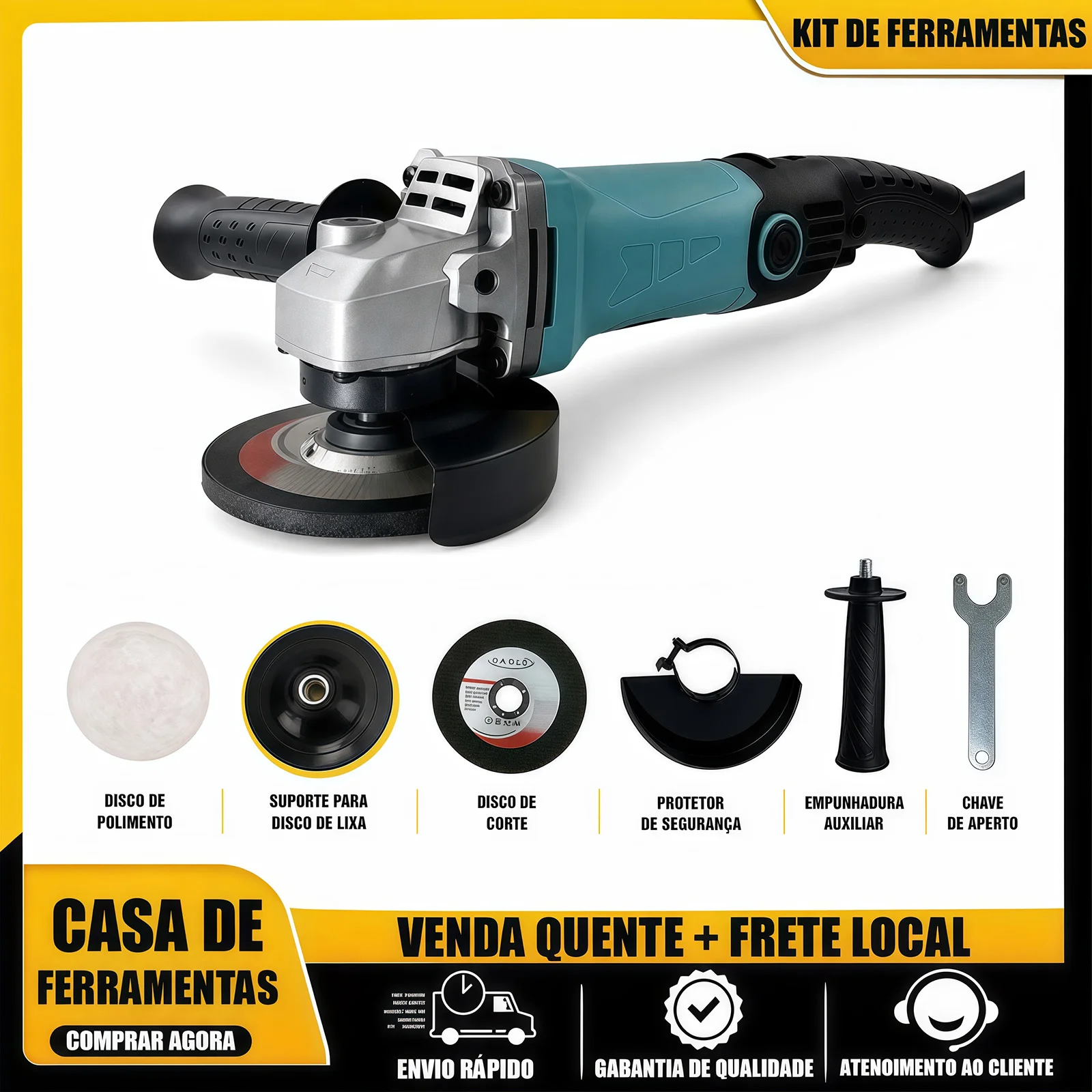 Politriz Elétrica Profissional 1150W 110V/220V, Kit Completo com Acessórios para Polimento e Desbaste