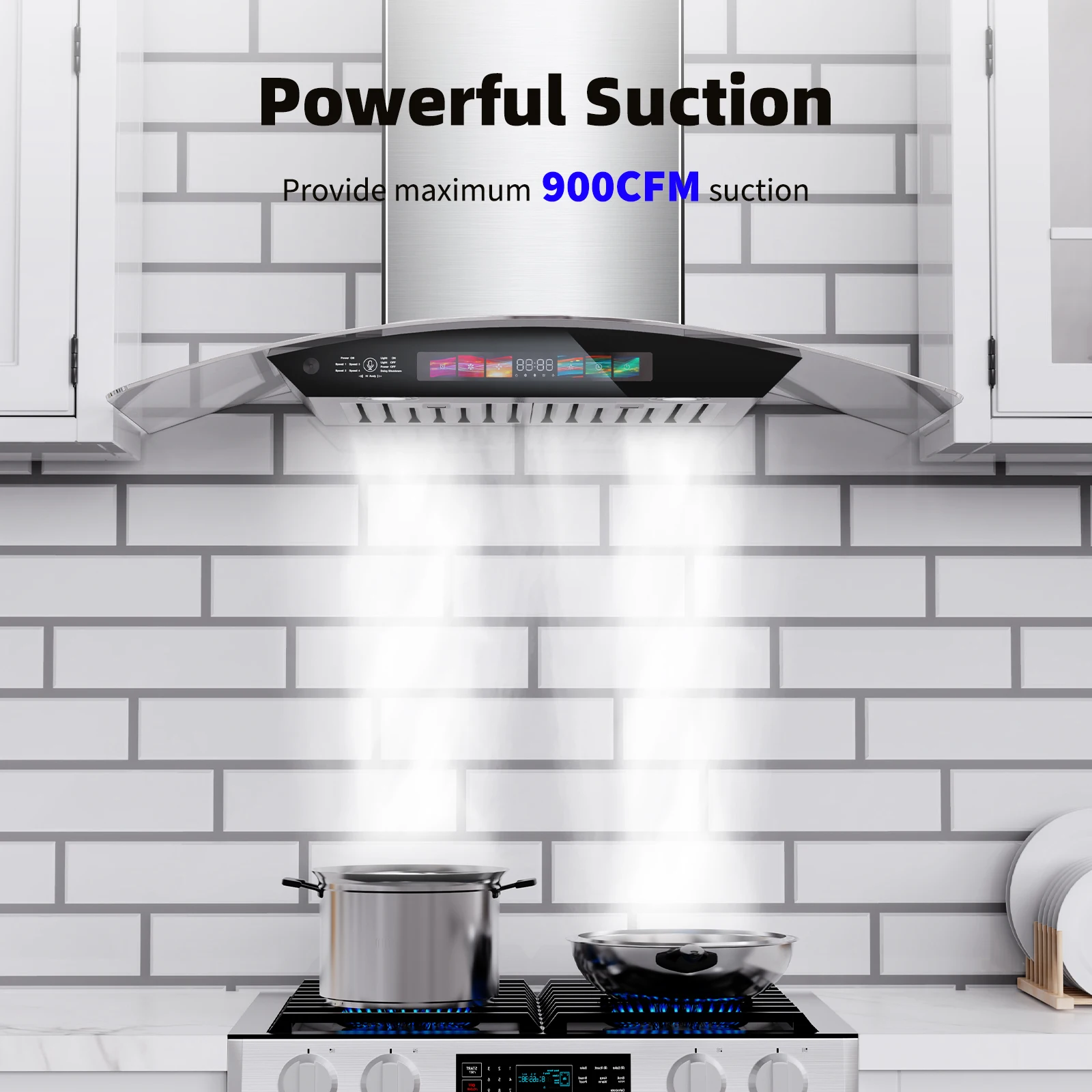 36 inch Ducted Wall Mount Range Hood Stainless Steel, Voice/Gesture/Touch Control, 900 CFM, 4 Speed Exhaust Fan