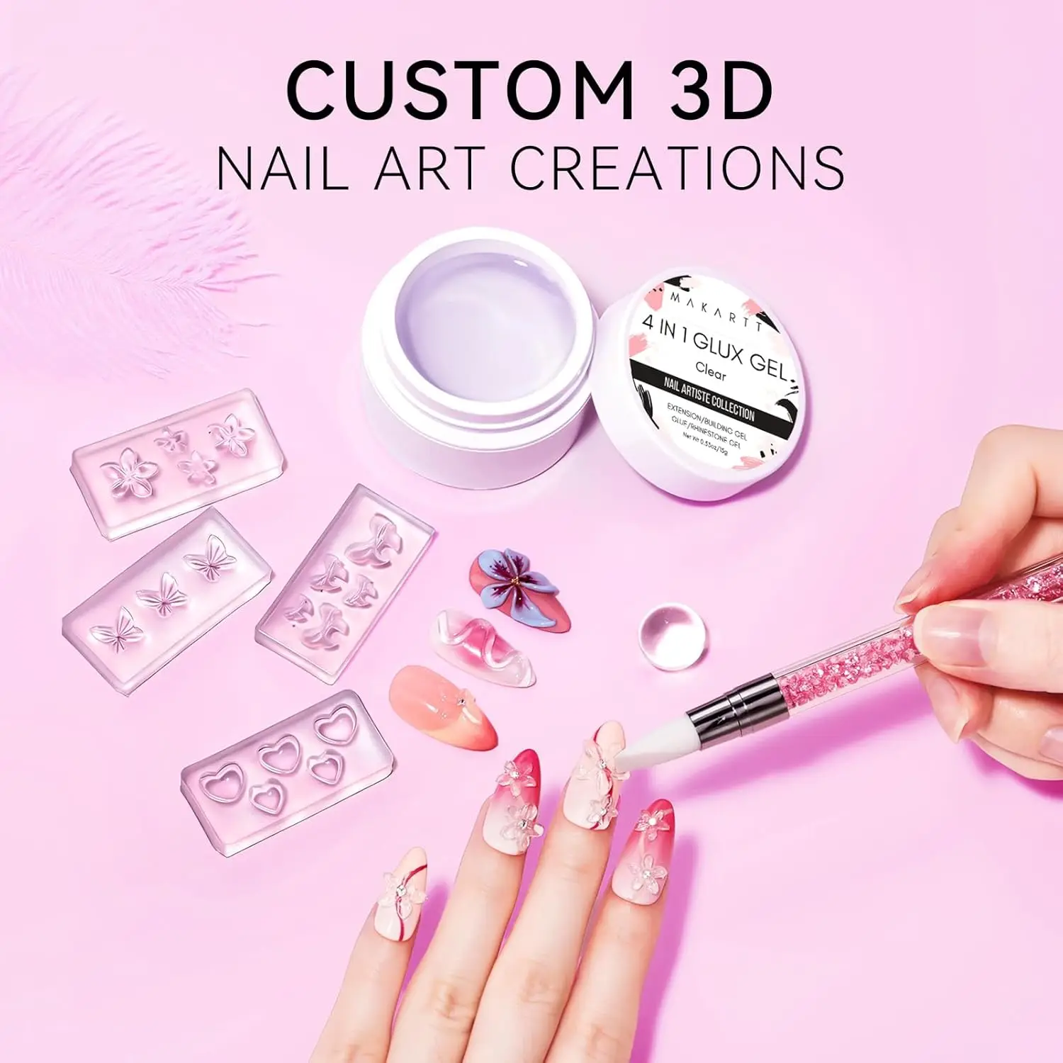 Makartt Solid Gel Builder Kit for 3D Scupting DIY-15ML 4 in 1 Nail Extension Gel, Silicone Molds, Sculpting Brush,UV Gel Glue