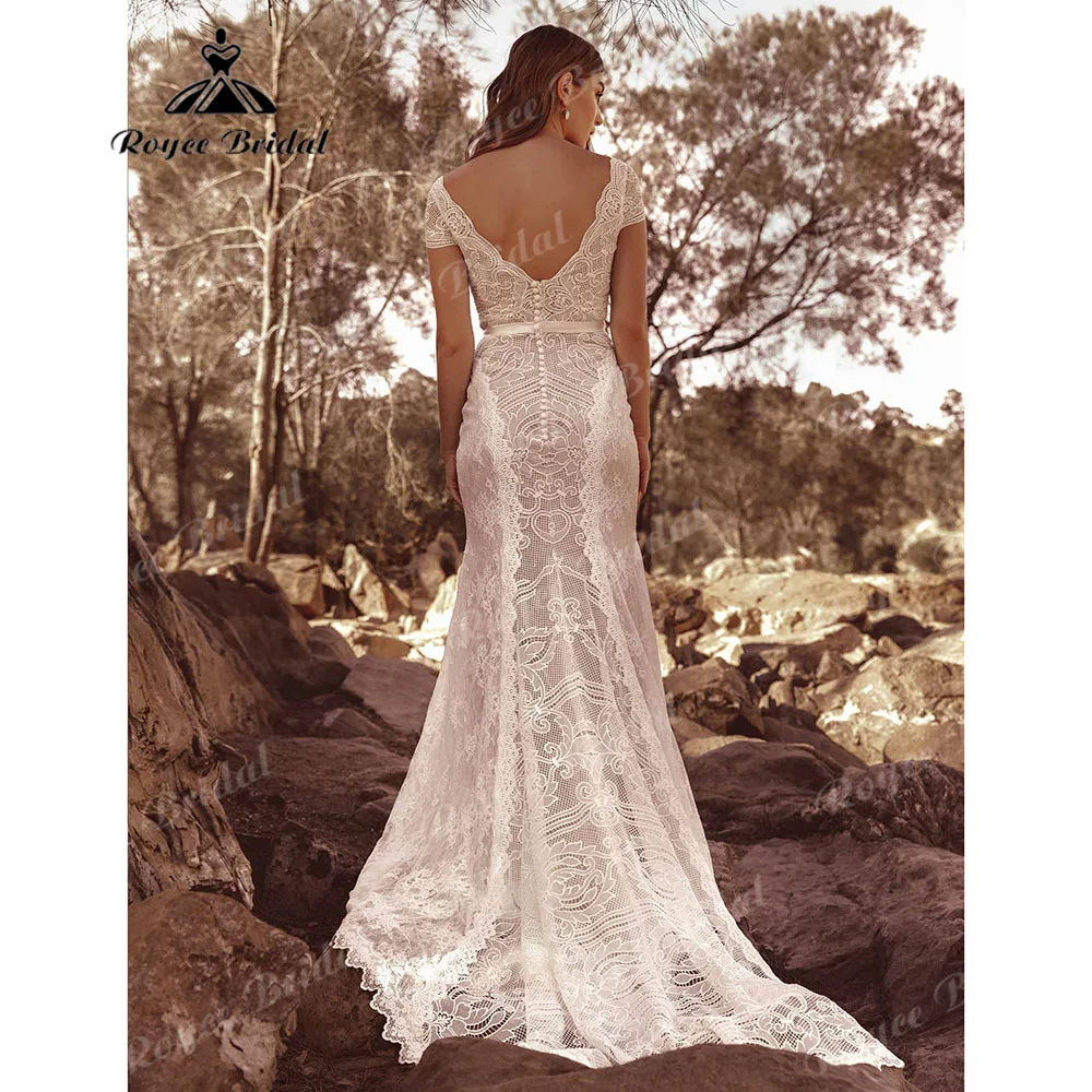 Suknie Slubne Roycebridal-Robe de mariée sirène avec mancherons, dentelle civile, V, présidence K, robe dos nu pour patients, personnalisée, 2025