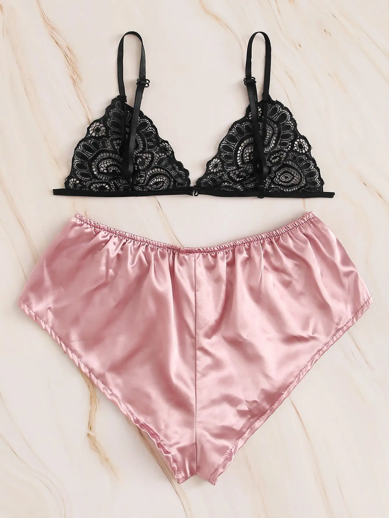 

Luxury Satin Women's Pajama Set with Black Lace Bralette And Pink Silk Feel Shorts Elegant Sleepwear Or Lingerie Lounge Wear