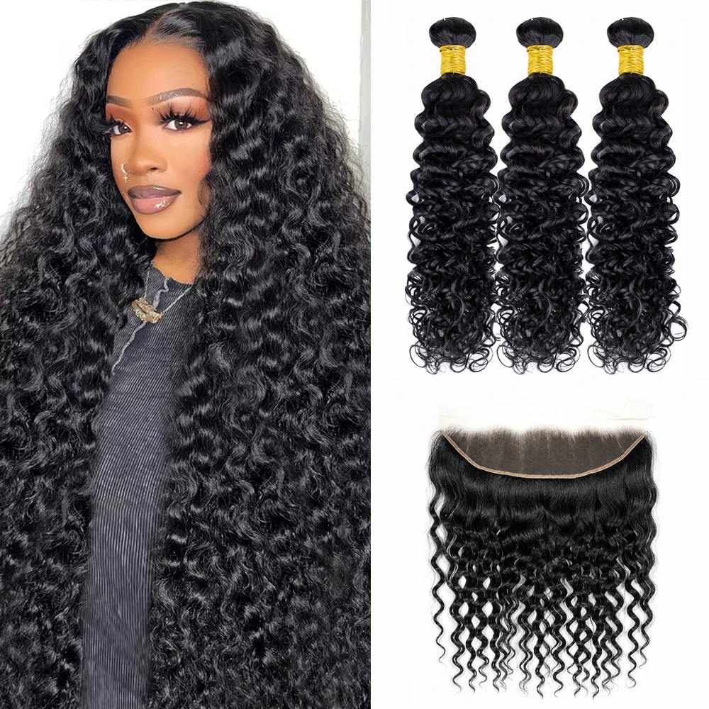 Deep Water Wave Bundles With Frontal 100% Unprocessed Raw Human Hair Vietnamese Full And Thick 3 Bundles With 13x4 Lace Frontal