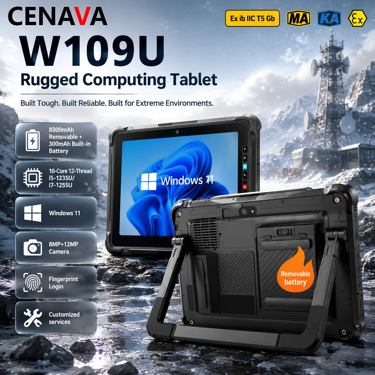 CENAVA W109U Industrial Rugged Tablet i5-1235U/i7-1255U Win11 Pro Hot-swappable Large Battery WiFi BT Customised Fingerprint