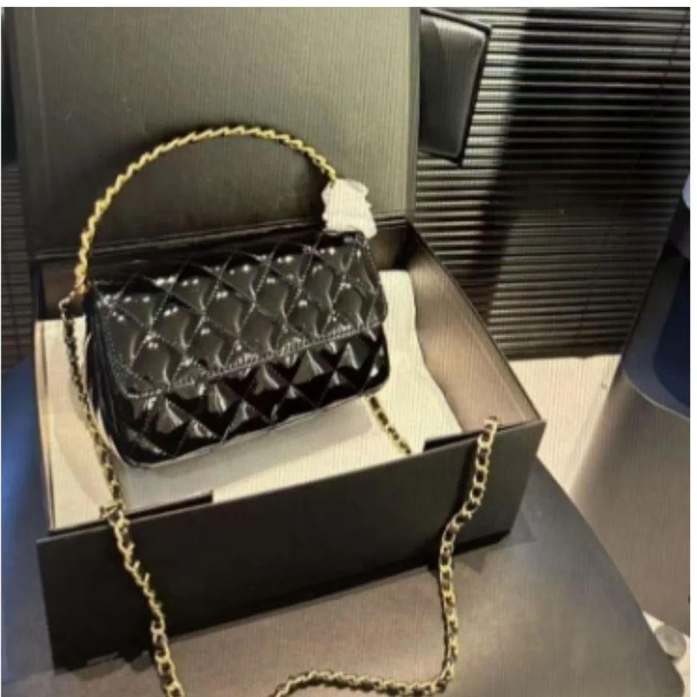 

New Black Patent Leather Metal Handle Handbag Unique Fashion Design Bag