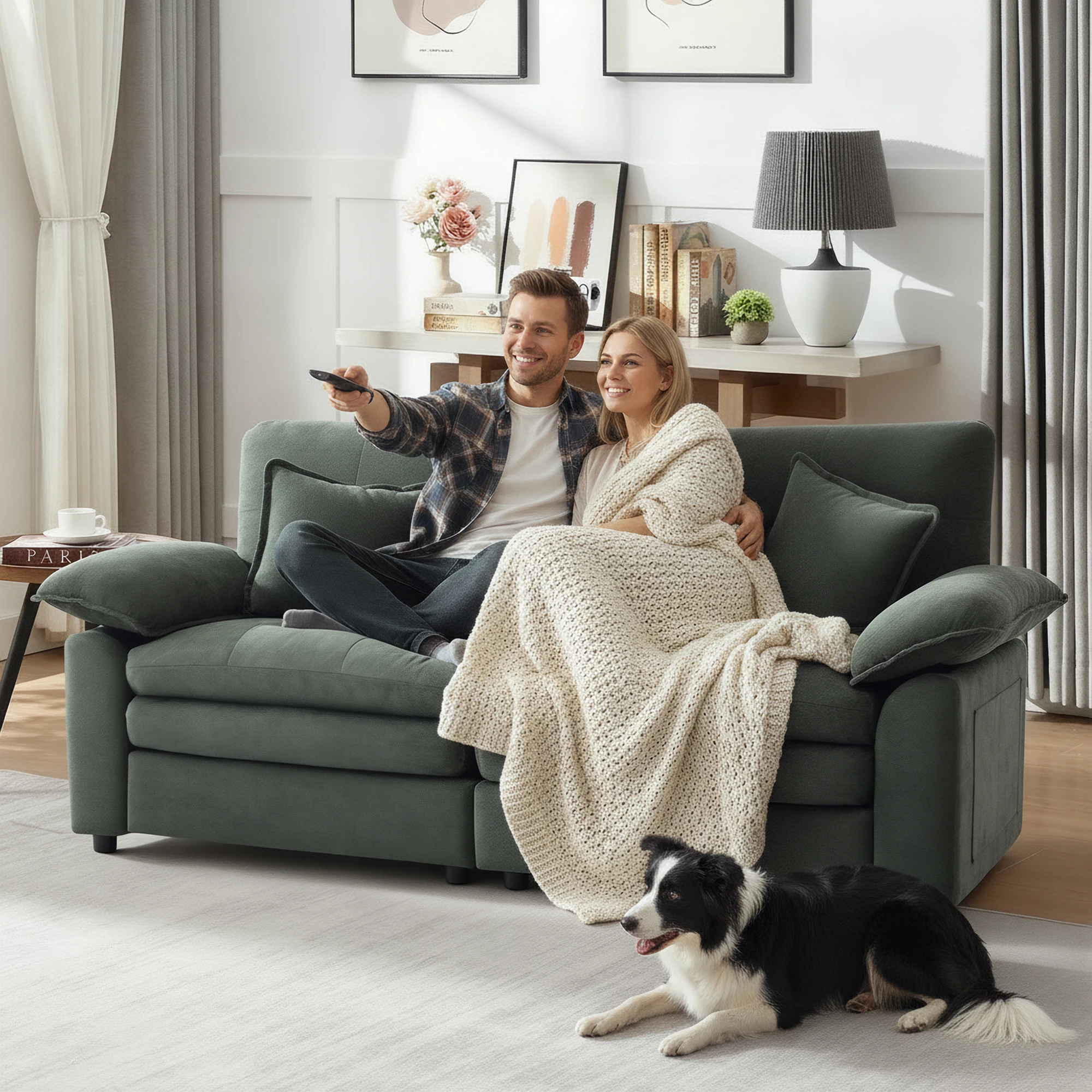 2‑Seater Modular Sofa Couch, Chenille Fabric Deep Seat Living Room Sofa with Cloud‑Like High‑Density Cotton Fill & 2 Throw Pillows for Apartment