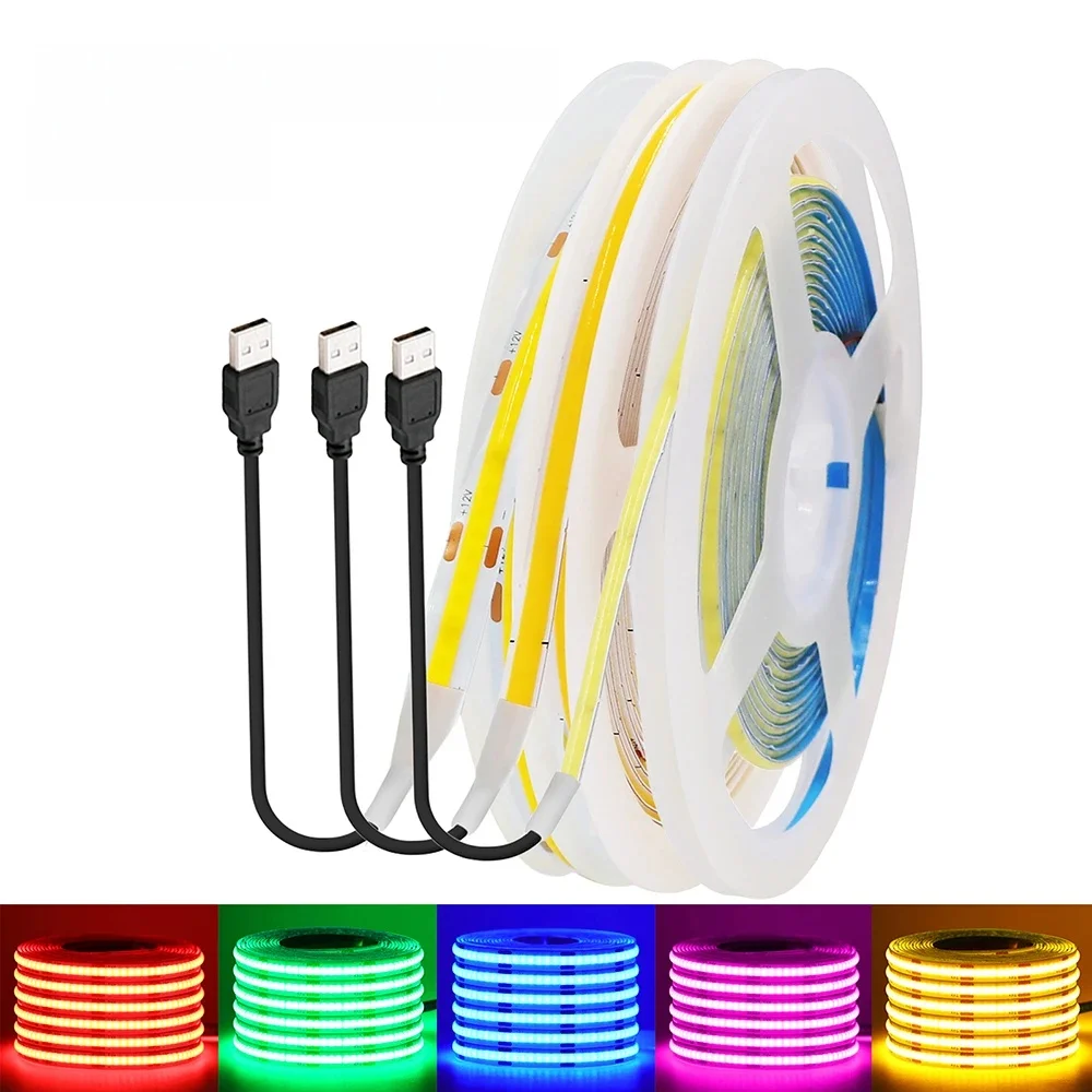 Bande lumineuse LED COB USB 5V, 3mm 5mm, 8MM, PCB, blanc, rouge, vert, rose, bleu glace, jaune, DC5V, 320Led, ruban Flexible, rétro-éclairage de nuit