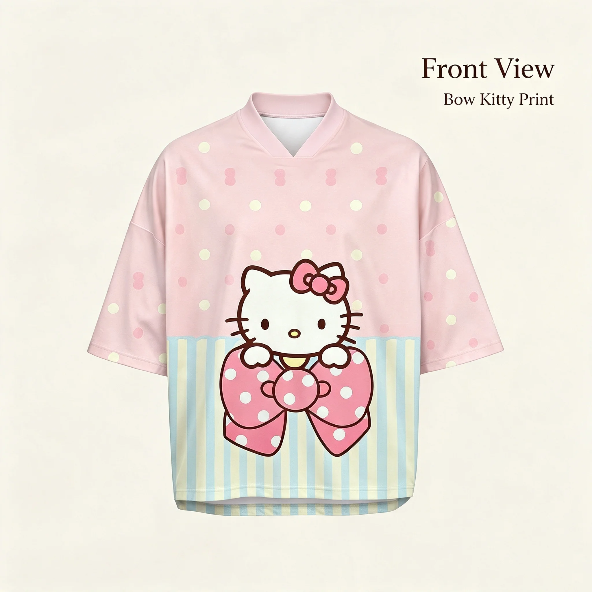 Women Hello Kitty Big Bow Print 34‑Sleeve Baseball Jersey Shirt Pink Polka‑dot Stripe Hem Loose  Kawaii Casual Streetwear Top view 3