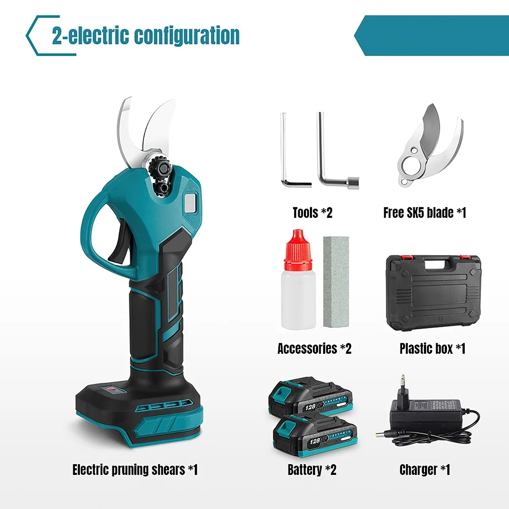 30 mm bürstenlose elektrische Gartenschere, 2 Gänge, kabelloser, wiederaufladbarer Gartentrimmer mit Digitalanzeige, SK5-Klinge, kompatibel mit Makita 18 V Akku