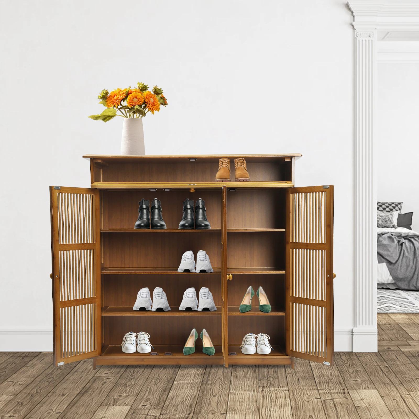 منظم خزانة أحذية من الخيزران مكون من 4 طبقات، خزانة أحذية للمدخل، منظم رف الأحذية مع أبواب مناسبة للمنزل، جديد