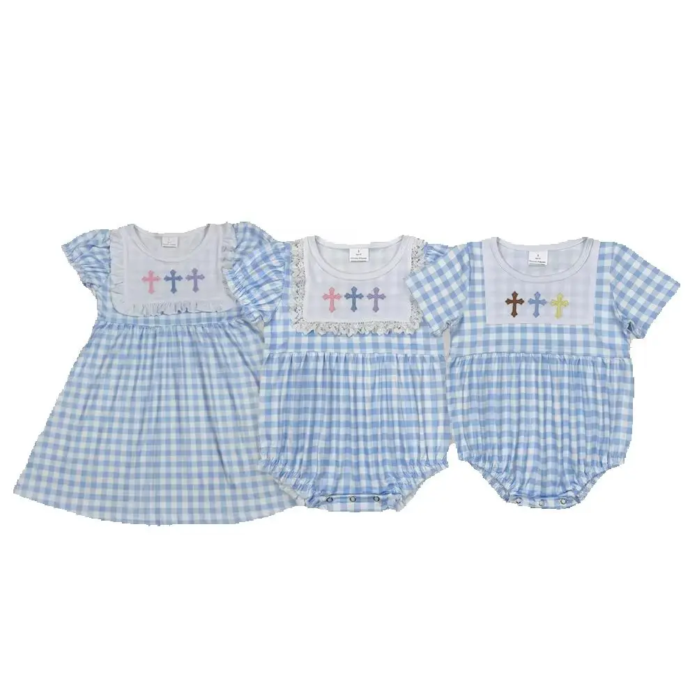 

Sibling Light blue plaid cross baby girls Easter dresses rompers