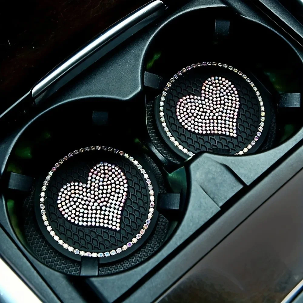 2pcs DIY Bling Crystal Diamond Rhinestone Car Coaster, Heart Pattern, Acrylic Non-Slip Cup Holder, Dashboard Decorations