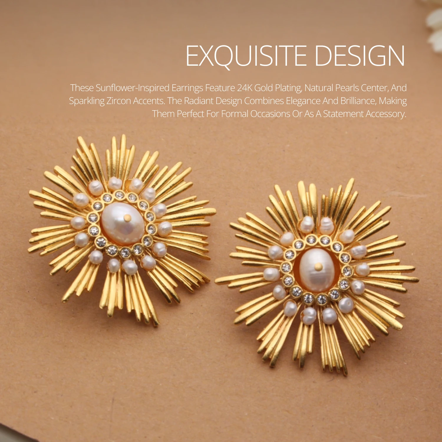 Blooming Sunflower Pearl Earrings - Luxurious 24K Gold-Plated Design with Zirconia Perfect for Everyday & Special Occasions