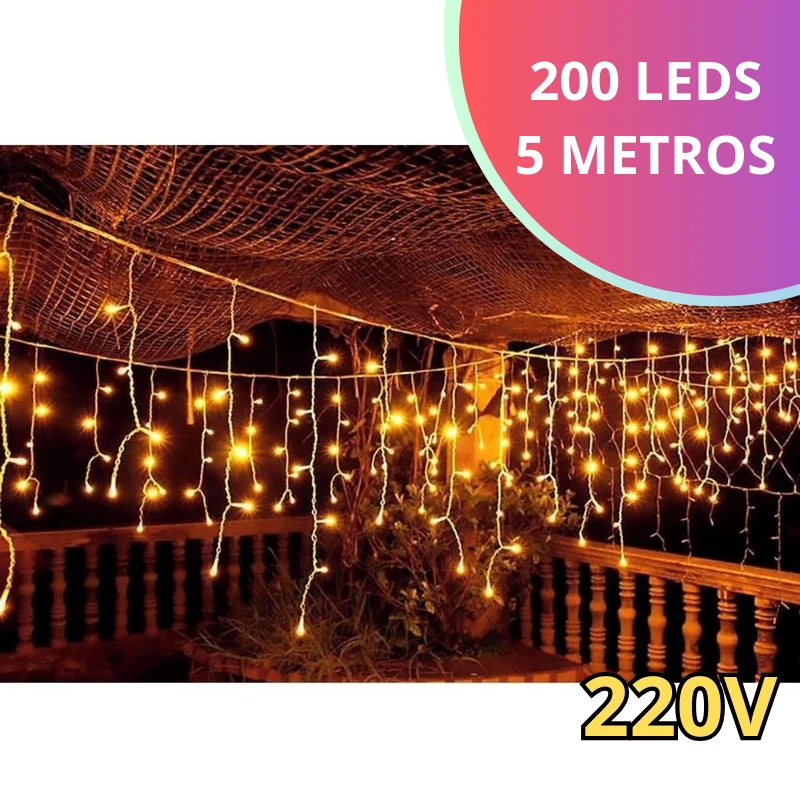 Pisca Pisca Cascata Iluminação de Natal 200 LEDs 5 Metros 8 Funções Branco Quente 220V Decoração de Natal