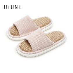 UTUNE Natural Linen Women's Slippers Mute Comfortable Indoor Home Couple Shoes Soft Sole Anti-slip Couple Four Season Slides