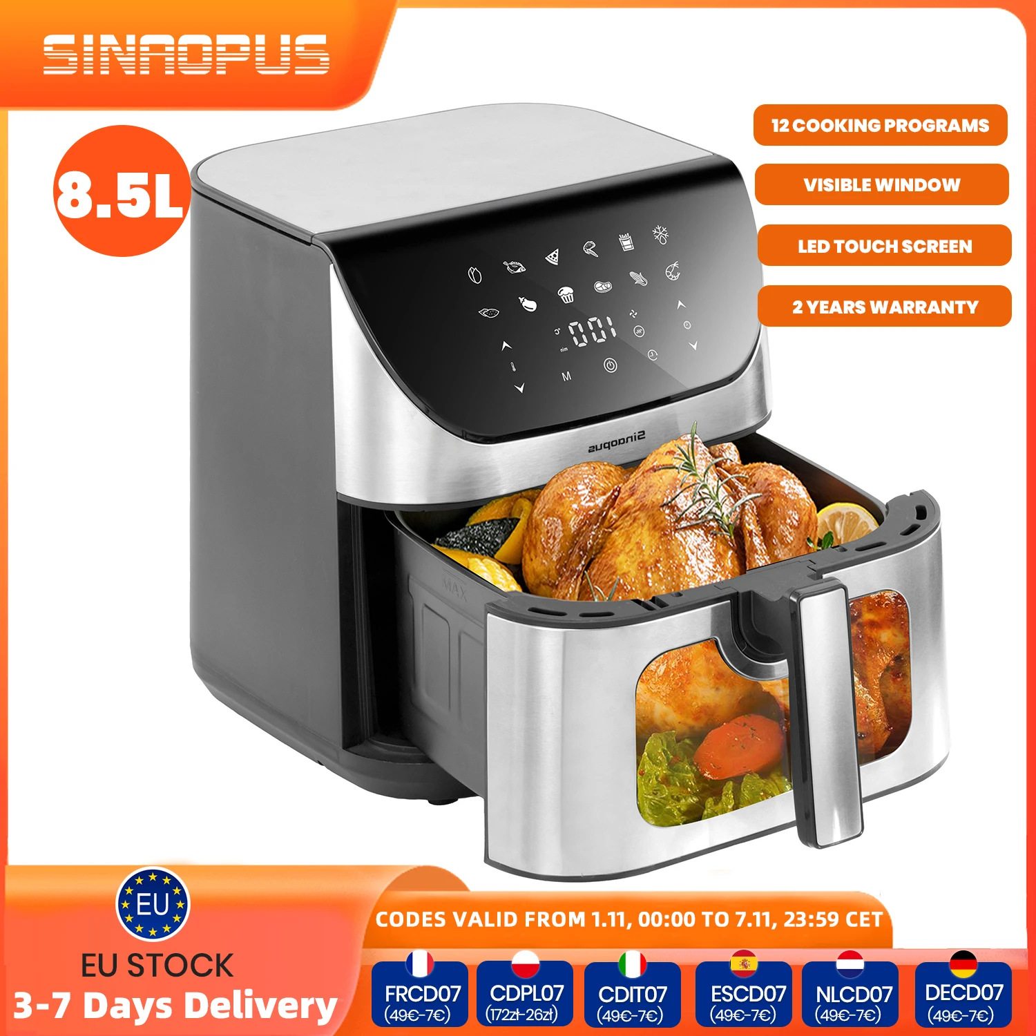 8,5 l Heißfritteuse, ölfreier Herd, Multifunktions-Luftfritteusen, intelligentes Maschinen-Betrachtfenster mit LED-Touch-Steuerung, 220 V elektrischer Ofen