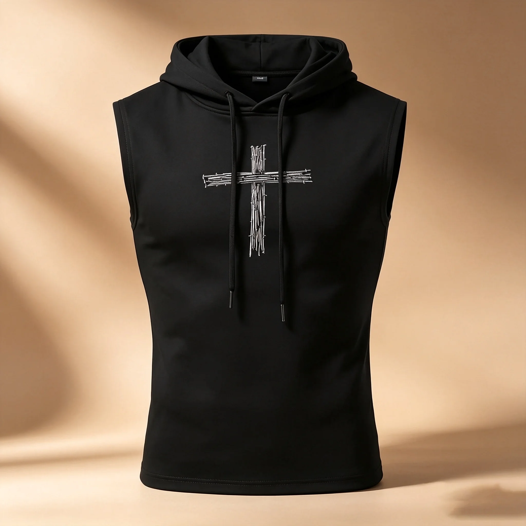 Men Sleeveless Hooded Tank Top, Barbed Wire Cross Graphic Print Hoodie Vest, Slim Stretch Fitness Gym Workout Sleeveless