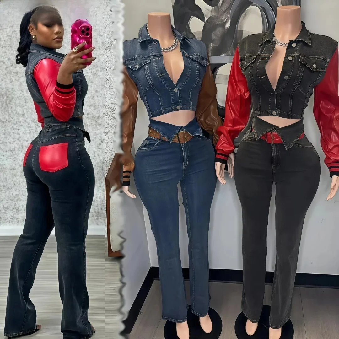 FAGADOER Retro Quality Denim Women 2-częściowy zestaw modny skórzany dżinsowy patchworkowy krótki garnitur i dżinsy z wysoką talią Nowy — zdjęcie 2