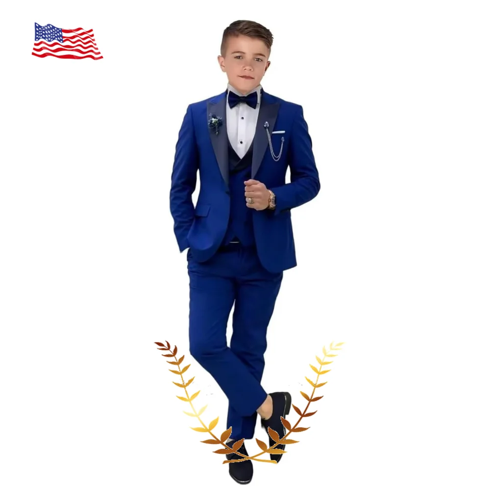 Boy Tuxedo Suit Slim Fit 3 Piece Formal Wedding Kids Blazer Vest Pants Set 2-16 Year Old