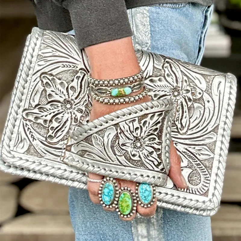 New Retro Pattern Printing Handbags Woman Soft Designer PU Leather Bags Luxury Small Handbags Silver Print Commuter Handbag