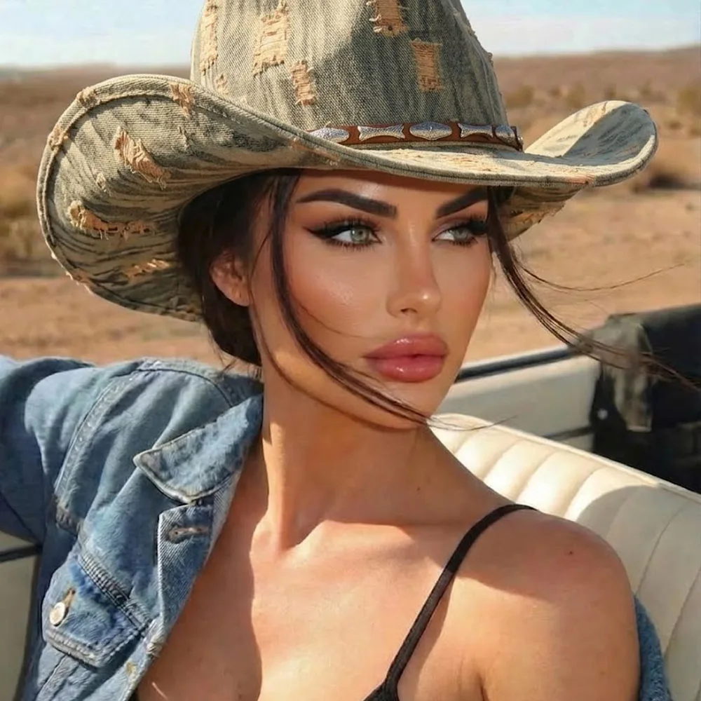 Vintage Distressed Denim Western Cowboy Hat with Ripped Hole Worn-Out Leather Band Metal Studs Cowgirl Sun Hats
