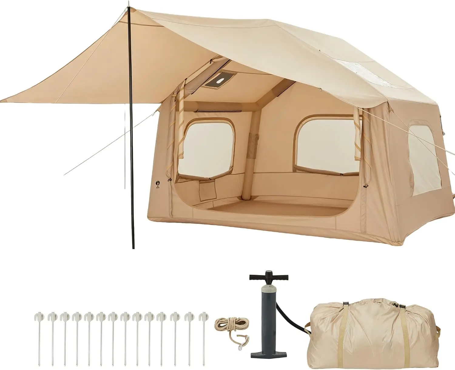 Tente de camping gonflable pour 4 à 6 personnes, cabine géante de 10x8 pieds avec une hauteur de 7,3 pieds, Oxford 210D imperméable PU2000mm UV30+, tente gonflable à montage rapide en 5 minutes avec pompe, grand auvent portable pour glamping et voyages en famille.