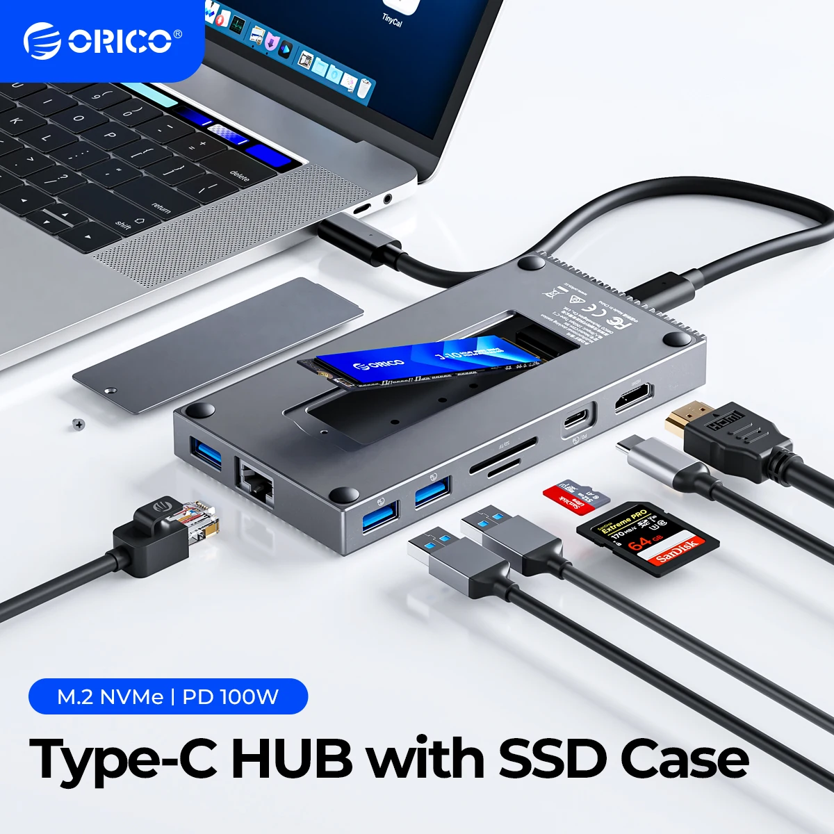 ORICO USB C HUB with External M.2 NVMe SSD Enclosure to 4K30Hz USB 3.1 10Gbps PD100 Charging RJ45 Adapter Type-C Docking Station