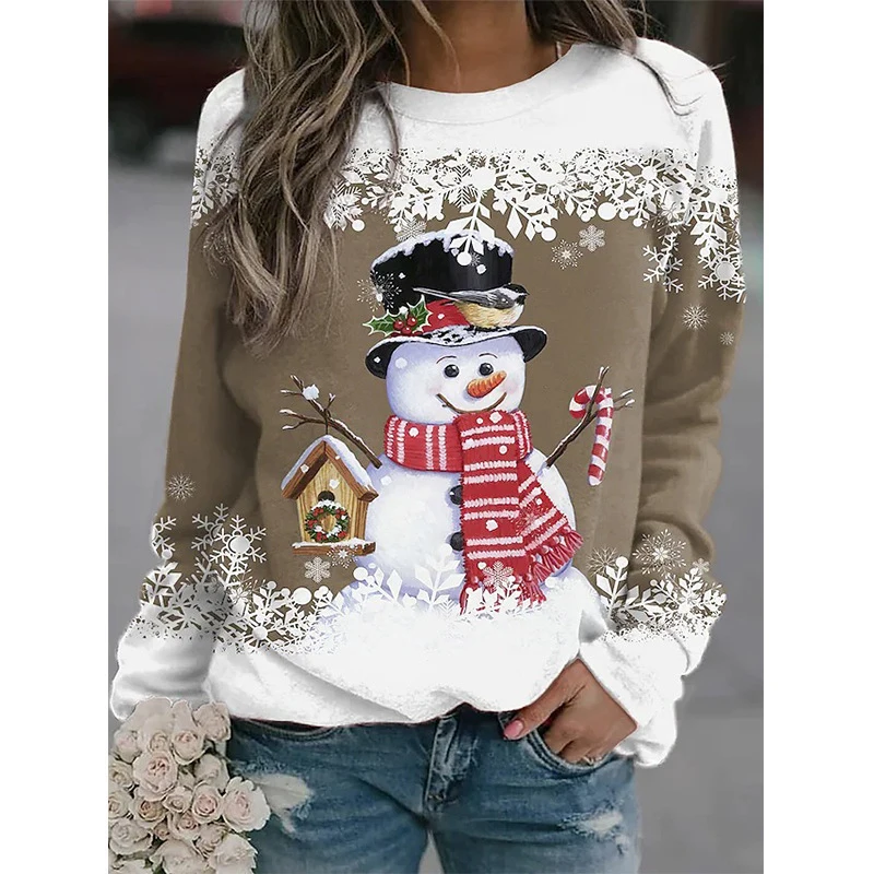 Women Christmas Sweatshirts Winter Snowman Snowflake Print Long Sleeve Y2k Hoodie Streetwear Pullovers Tops Comfortable Clothing