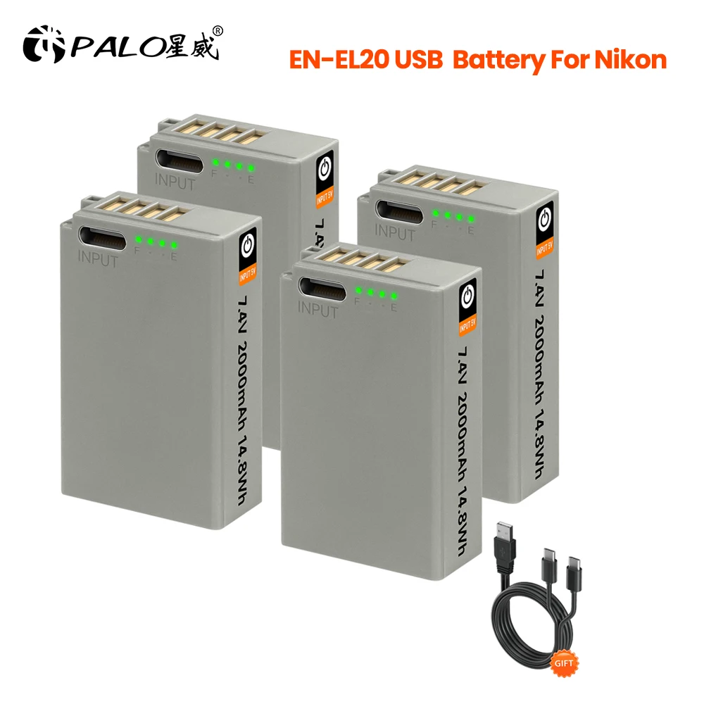 니콘 쿨픽스 P1000 P950 1 J1 J2 J3 1 S1 1 V3 AW1 DL24-500 카메라용 PALO EN-EL20 EN EL20 EN-EL20A USB 충전 배터리