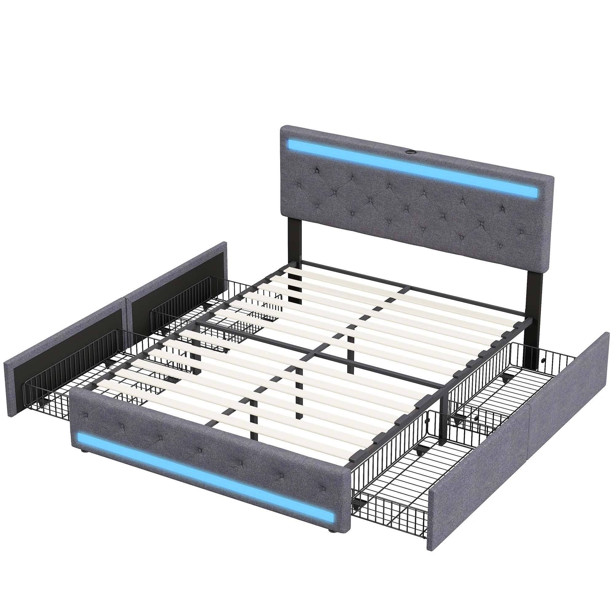 Comanlai 140 x 200 cm gestoffeerd bed, tweepersoonsbed met 4 ijzeren laden, met LED- en USB-oplaadfunctie, linnen stof, donkergrijs