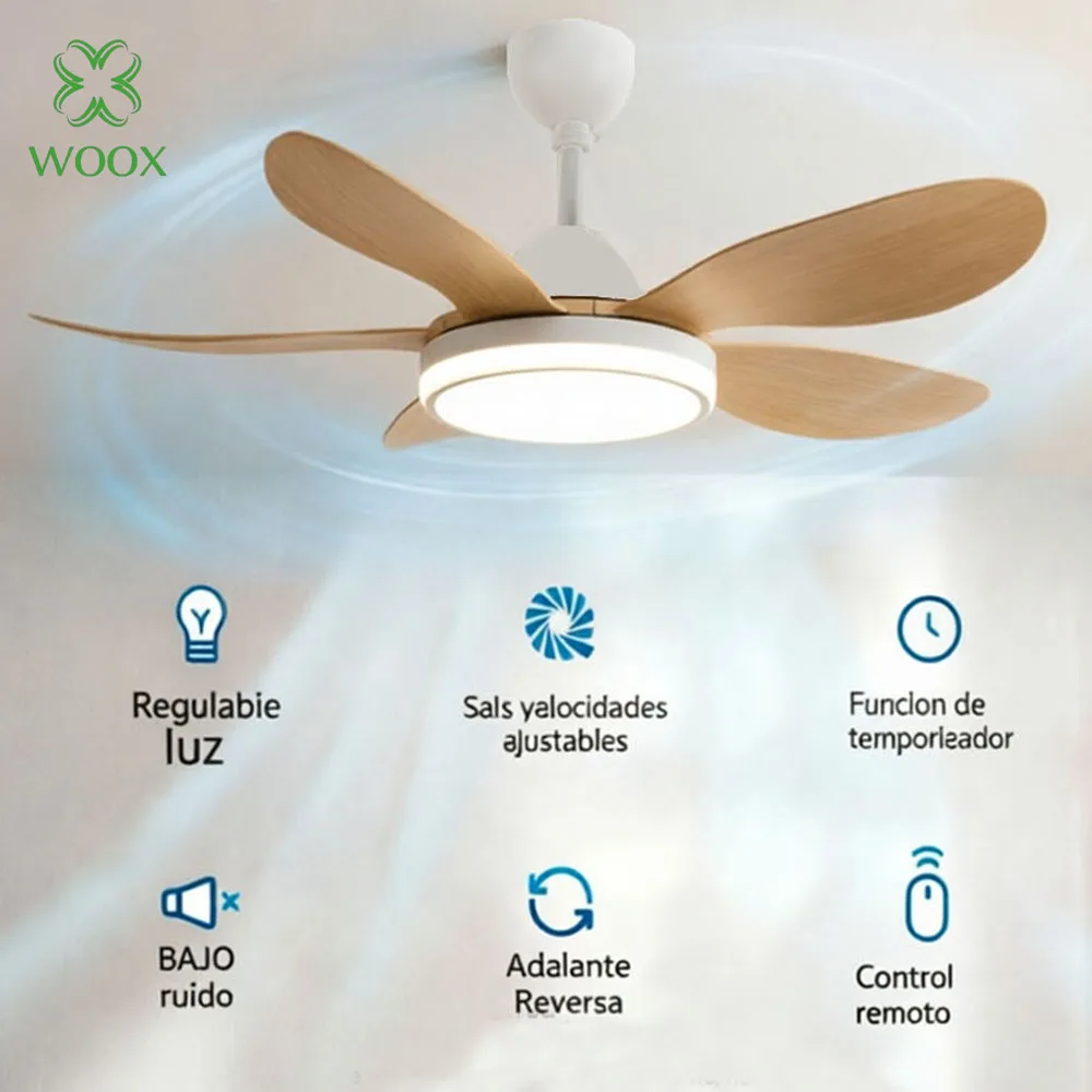 Ventilador de techo elegante color madera con luz, 54", aspas de ABS, 6 velocidades, control remoto, 3 modos de iluminación LED