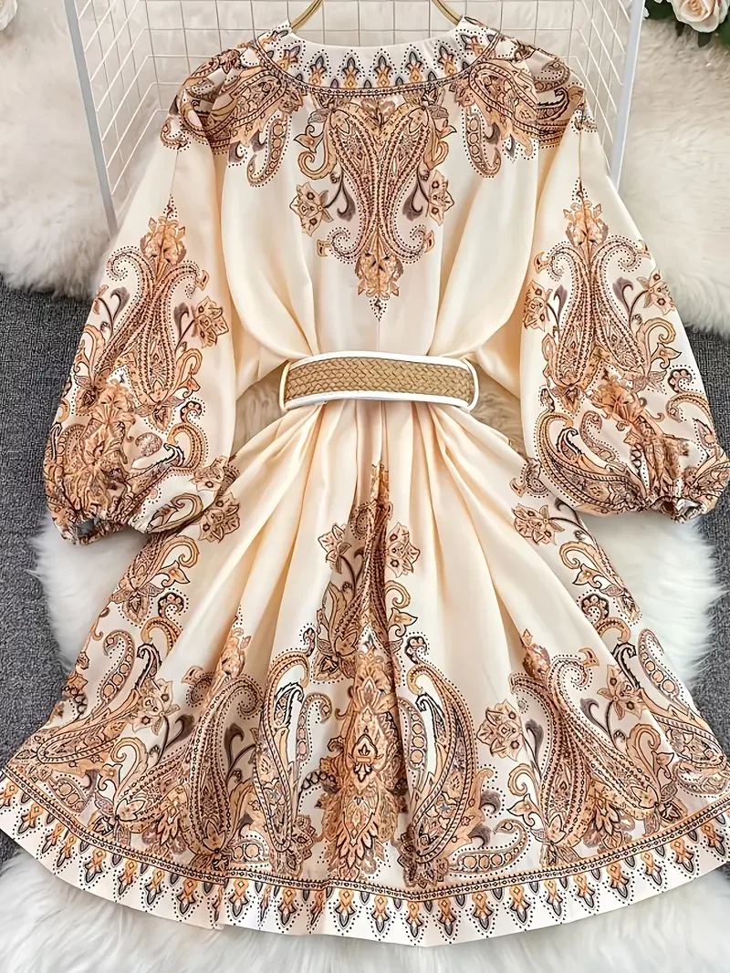 보헤미안 여성 드레스 - 빈티지 V넥 러플 플로럴 프린트 벨트, 랜턴 소매 버튼 다운 캐주얼 숏 여름 원피스