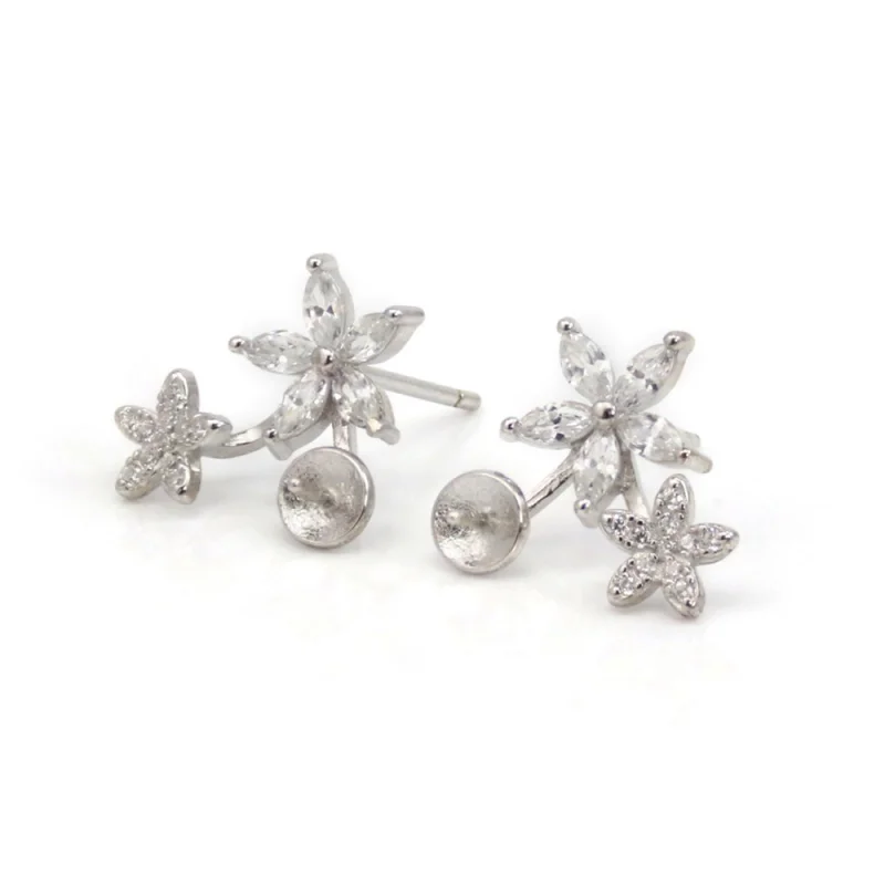 

2 шт., серьги-гвоздики из стерлингового серебра 925 пробы с цветком, фурнитура с цирконием и платиновым покрытием, 10x14 мм для полупросверленных бусин