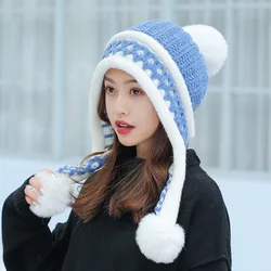 Hat women winter plush thick ear protection Korean version of three-ball knitted hat fashionable all-match warm hat travis scott