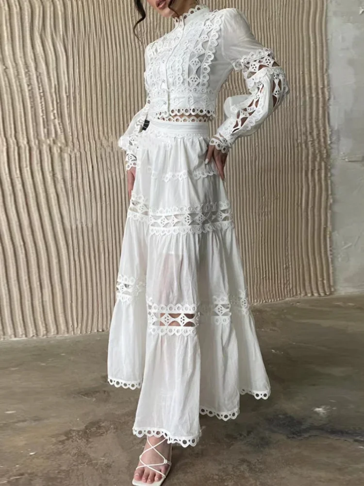 Weiße 2-teilige Set Damen Party Spitze Cutwork Bluse Tops und lange Rock mit hoher Taille 2024
