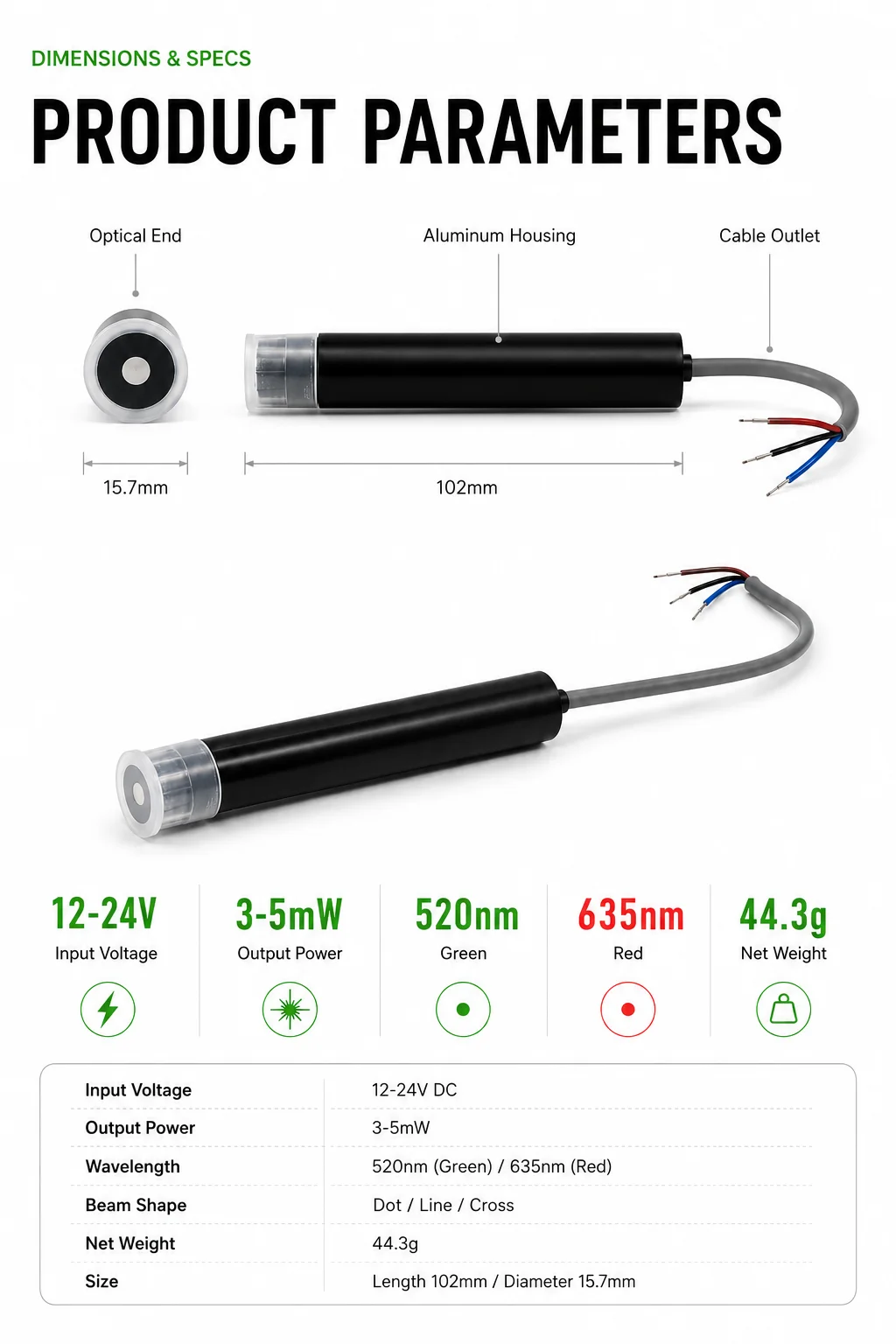 Green Cross Line Laser Module 520nm, Aluminum Housing & Stable Wiring for High-Precision Industrial Alignment