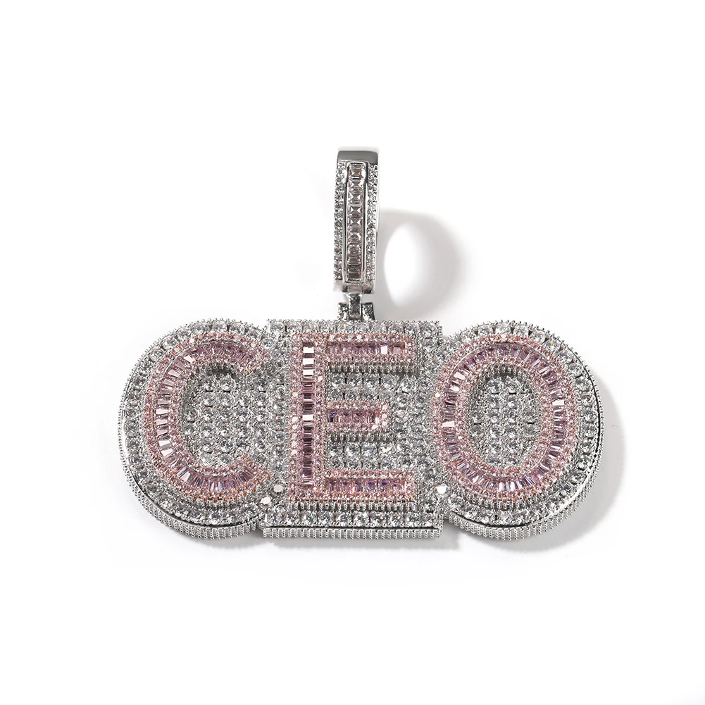 O bling rei dupla camada colar de nome personalizado para mulher baguettecz duas letras cor-de-rosa cheio gelo para fora zircônia cúbica jóias